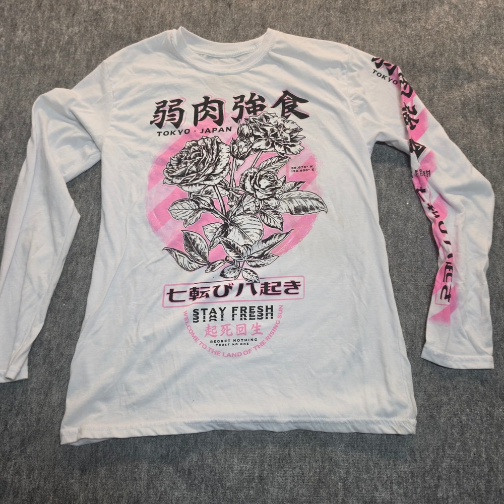 Fresh Laundry Mens Tokyo Japan Rose Graphic Long Sleeve Tee White Pink Size M